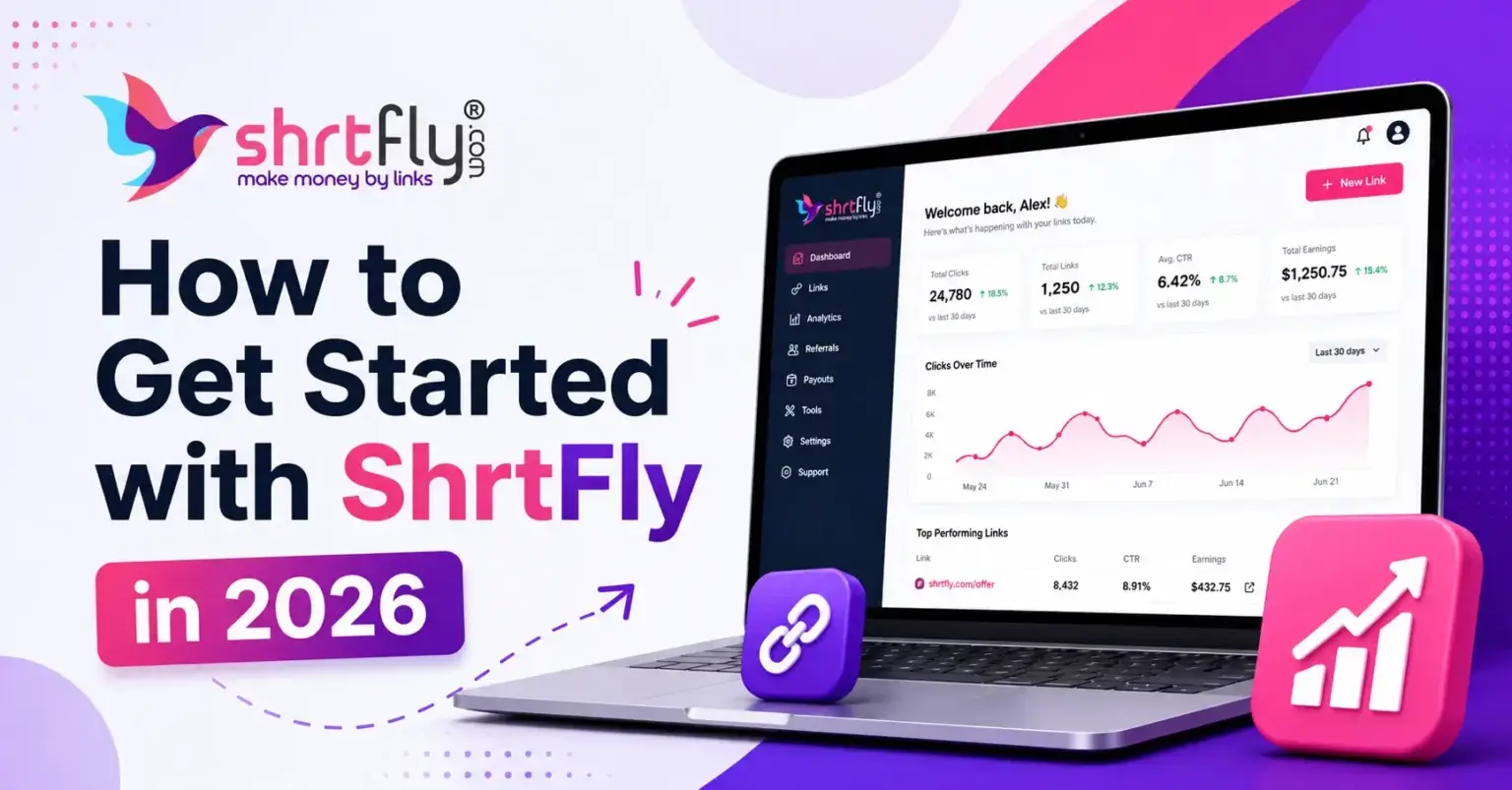 ShrtFly homepage showing 'Shorten URLs and Earn Money' headline with 1M+ publishers and 500M+ links statistics