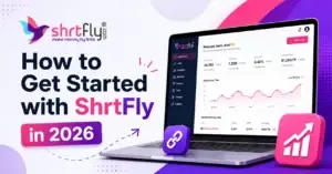 ShrtFly homepage showing 'Shorten URLs and Earn Money' headline with 1M+ publishers and 500M+ links statistics