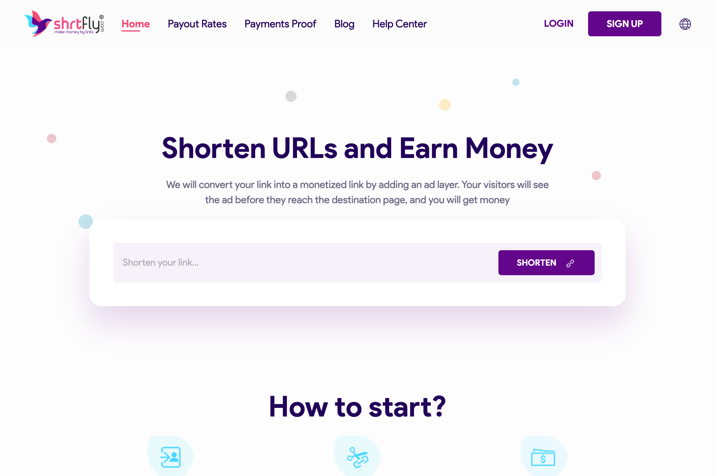 ShrtFly homepage showing the URL shortener input field with the headline Shorten URLs and Earn Money
