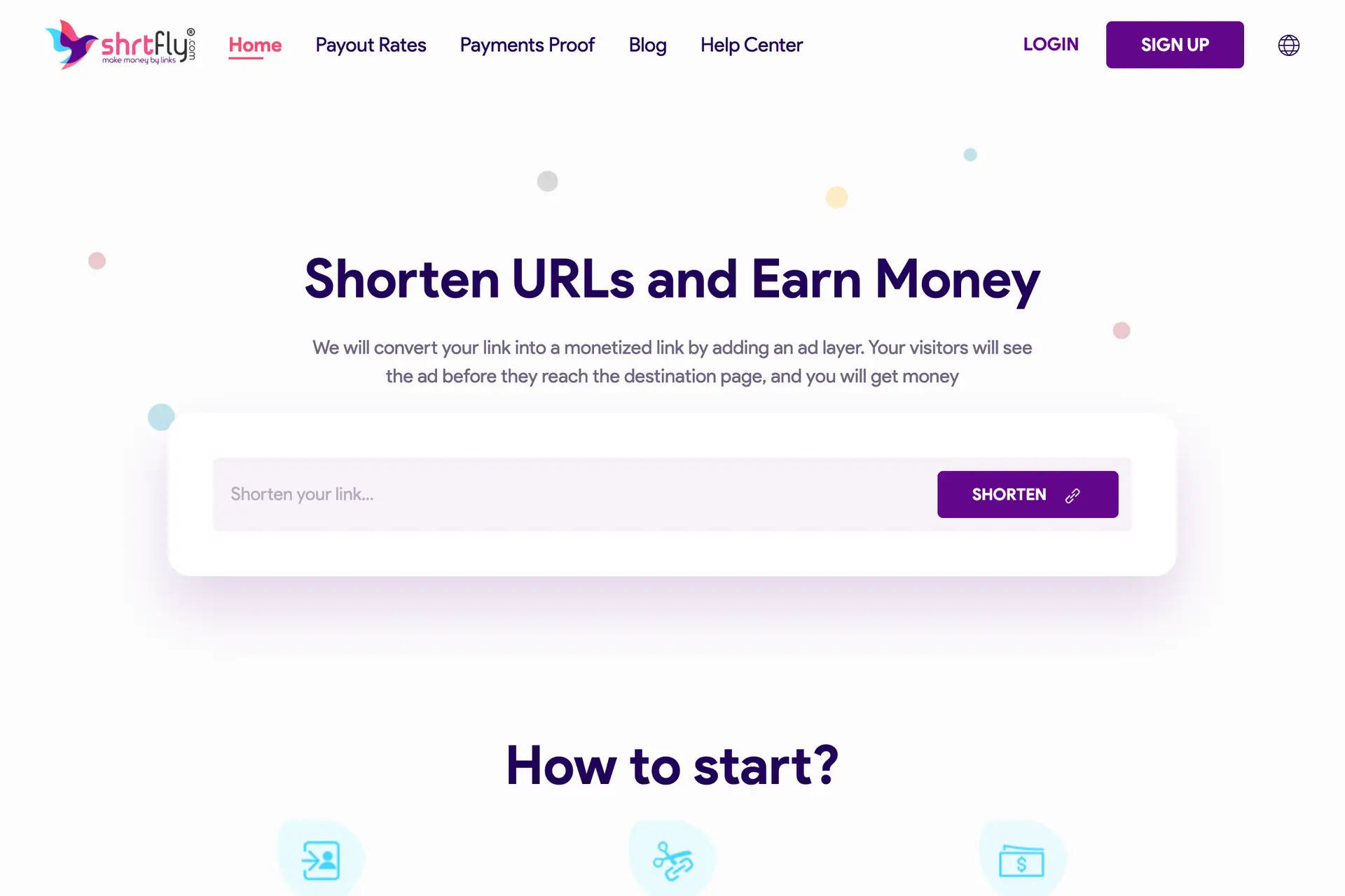 Shrtfly link creation page showing the box where you paste a long URL and get a short link back