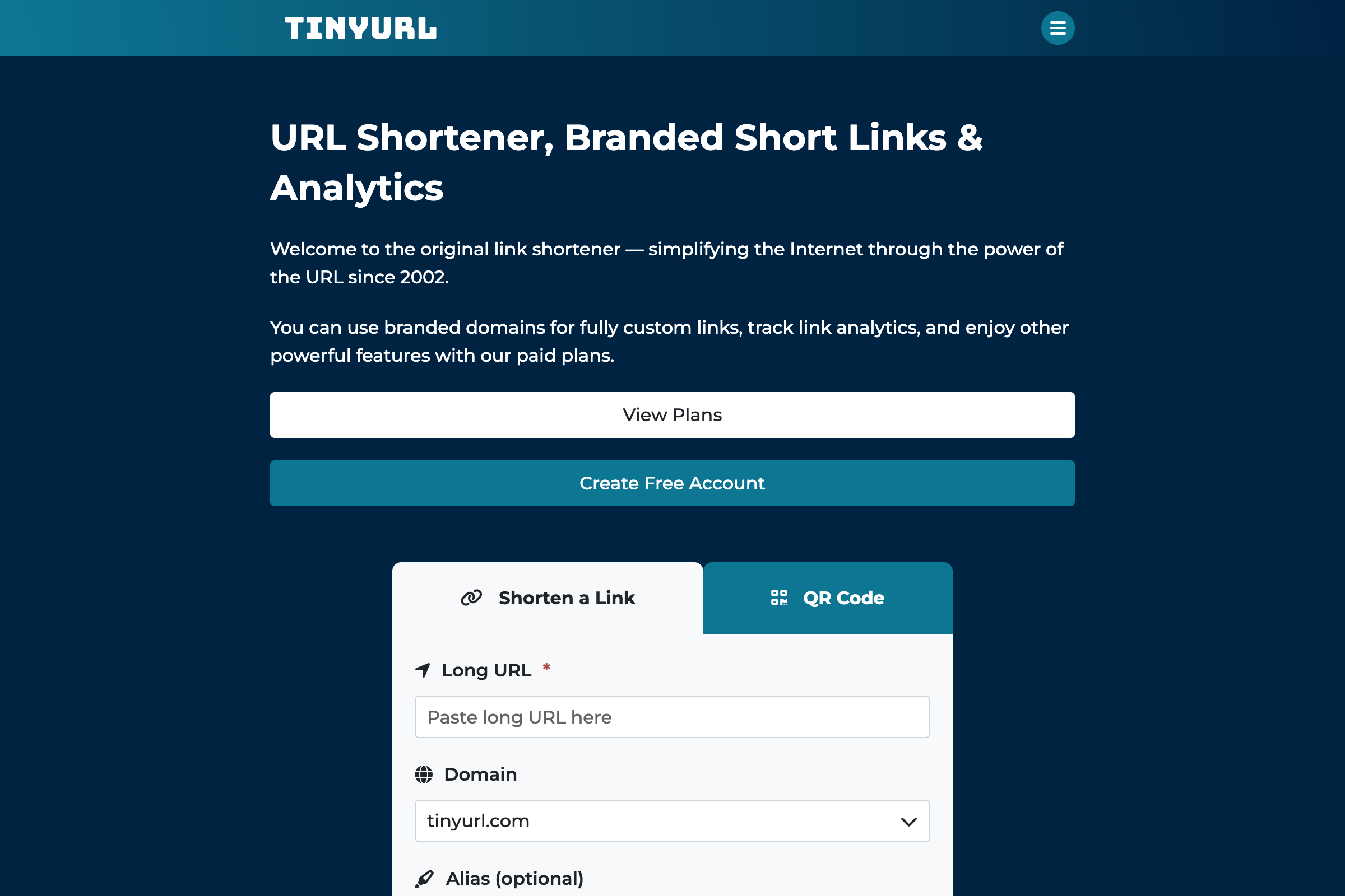 TinyURL homepage showing the URL shortener input field with the headline URL Shortener, Branded Short Links and Analytics