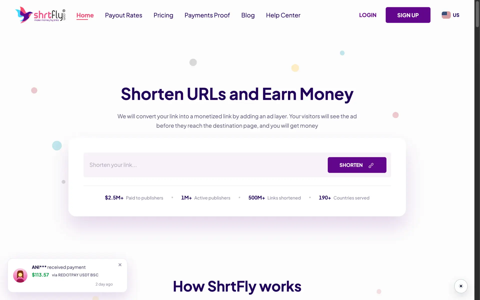 ShrtFly homepage showing 1M+ publishers and 500M+ links shortened