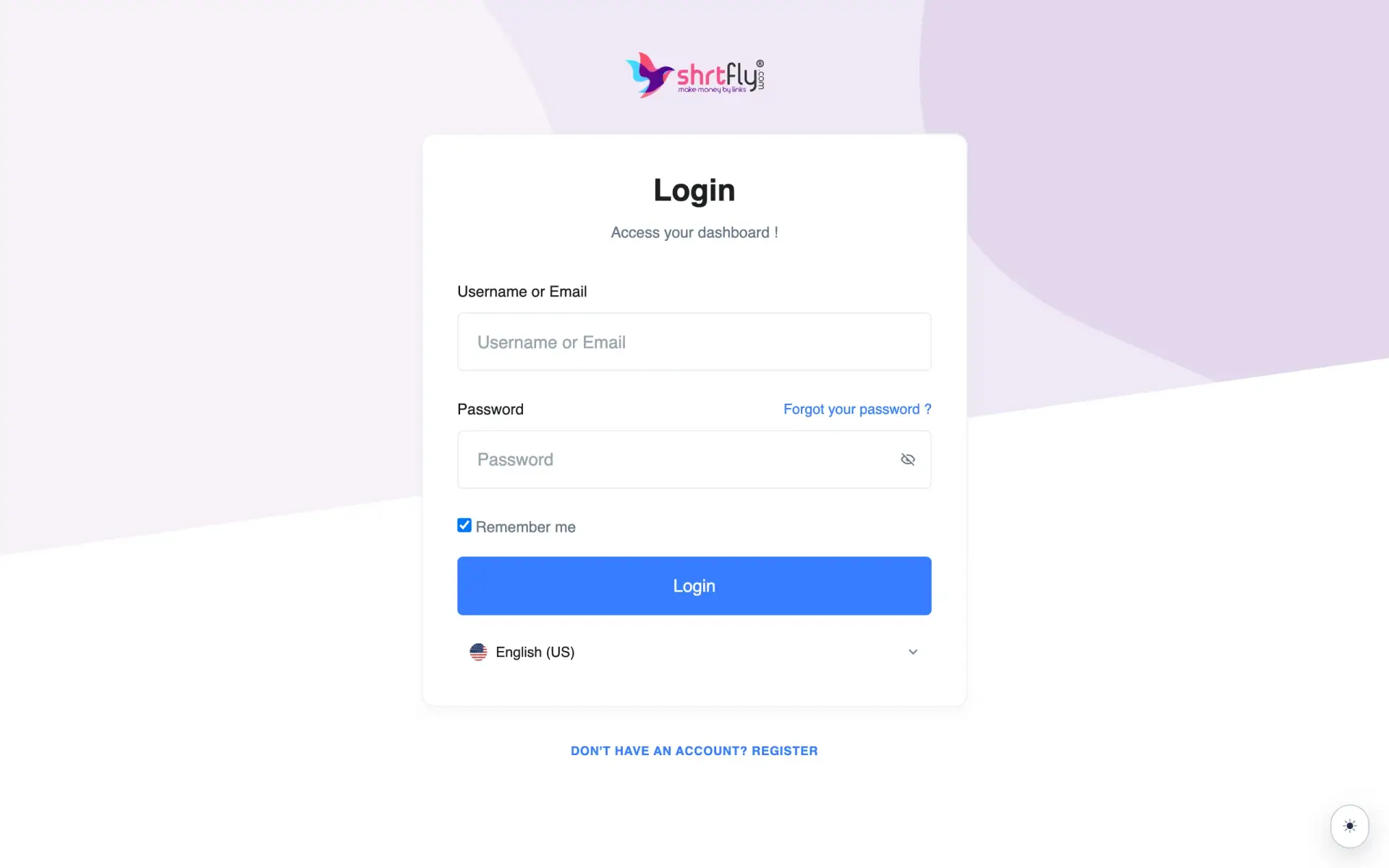 ShrtFly login page — username or email and password