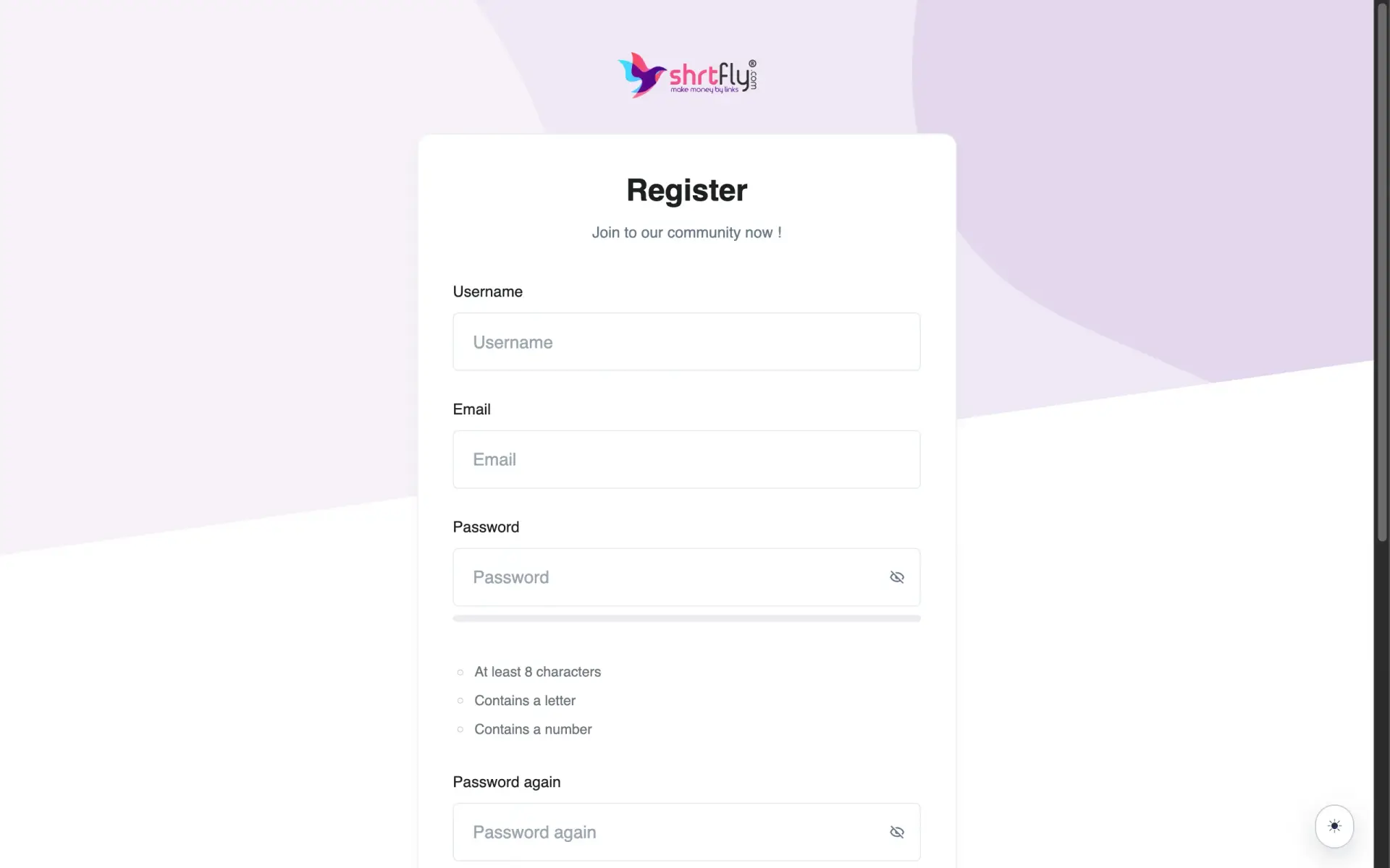 ShrtFly signup page — five-field registration form as it appears in 2026